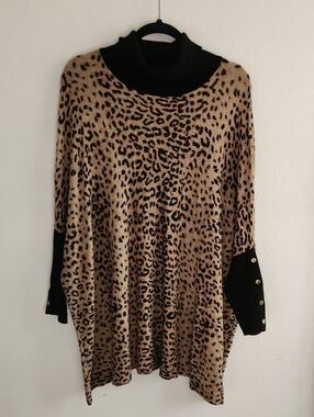 Leopard Print Turtleneck Poncho Sweater Gold Button Cuffs XL